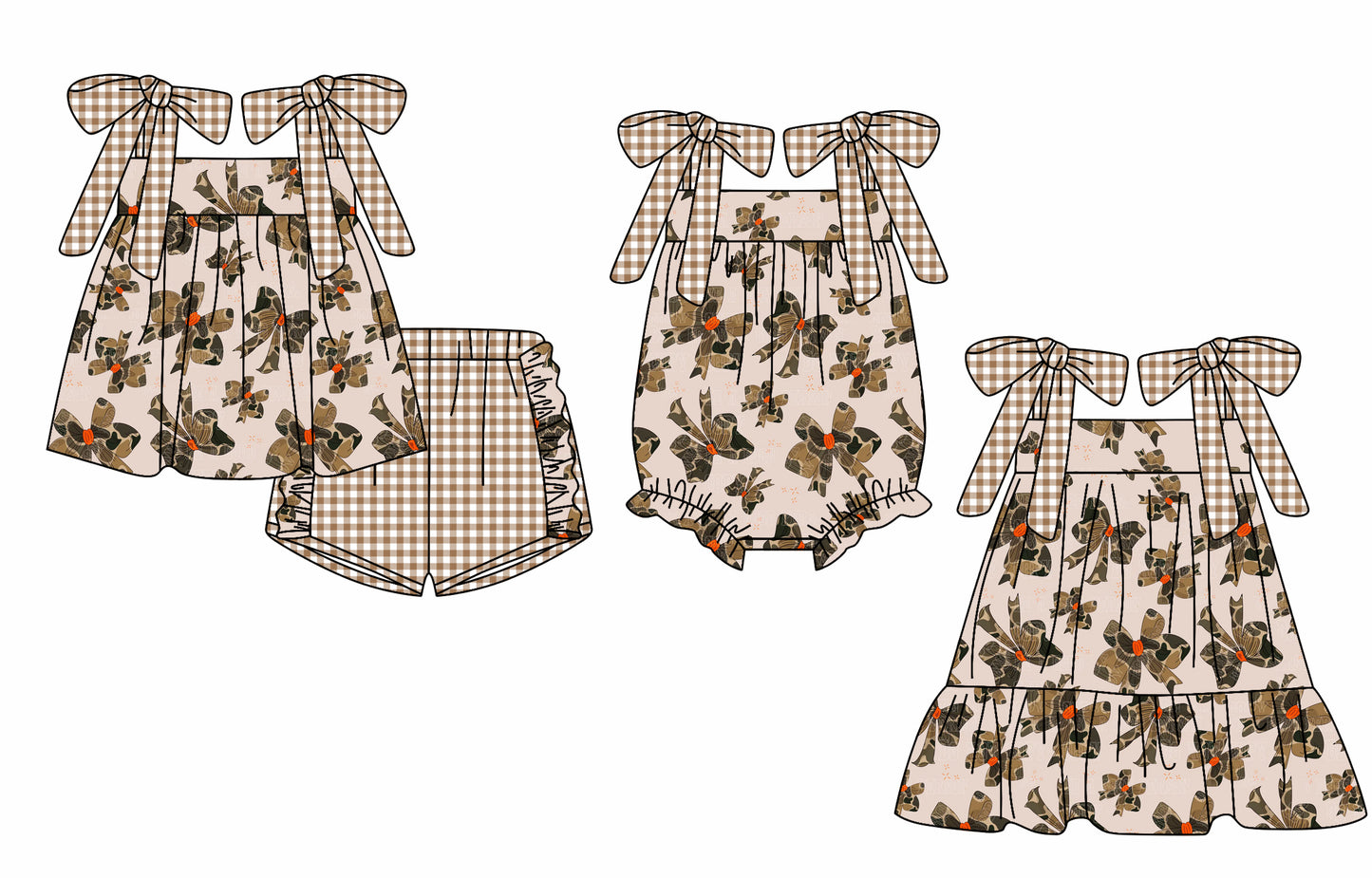 12.2 custom each style moq 5eta 4-6week Sibling Sister bow camouflage baby girl short sleeve shorts sets and dress and rompers match family design