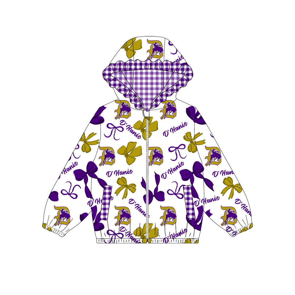 1001-Custom moq 8 mix size milk silk summer team baby girls clothes bow purple and yellow hooded long sleeve top-25.10.9