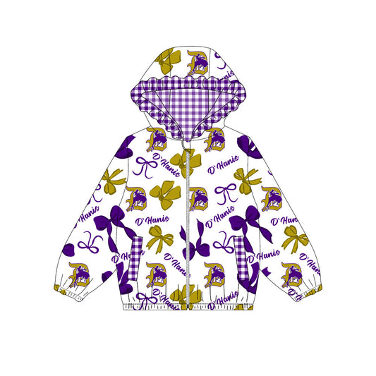 1001-Custom moq 8 mix size milk silk summer team baby girls clothes bow purple and yellow hooded long sleeve top-25.10.9