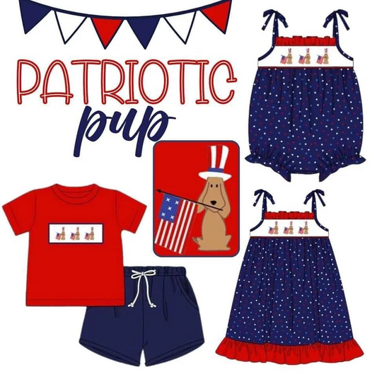 5.17custom each style moq 5eta 4-5week Sibling Sister PQATRIOTIC PUPPY print red boys outfits and baby romper ANDmatch family design