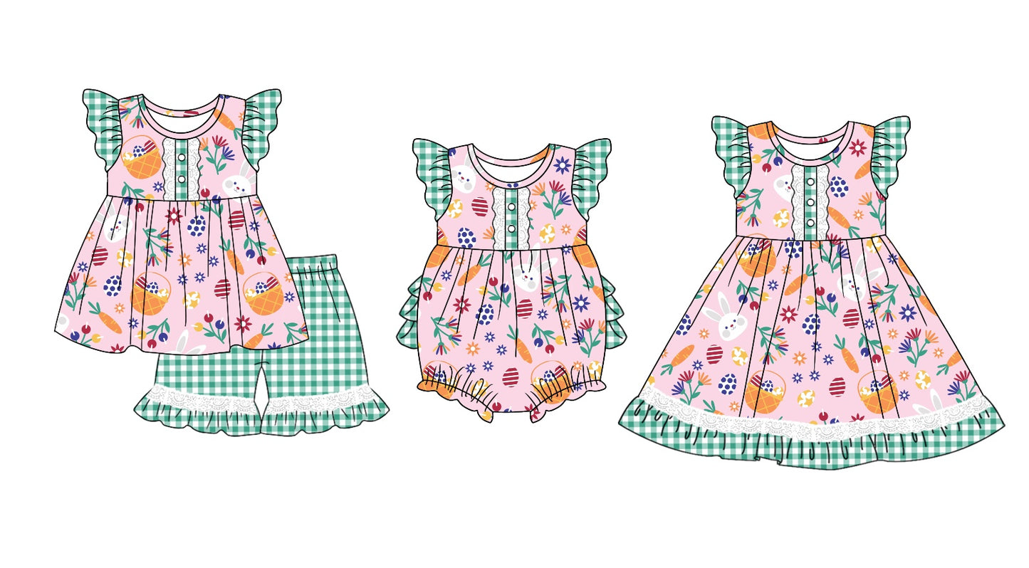 11.3 custom each style moq 5eta 4-6week Sibling Sister easter floral baby girl short sleeve shorts sets and dress and rompers match family design