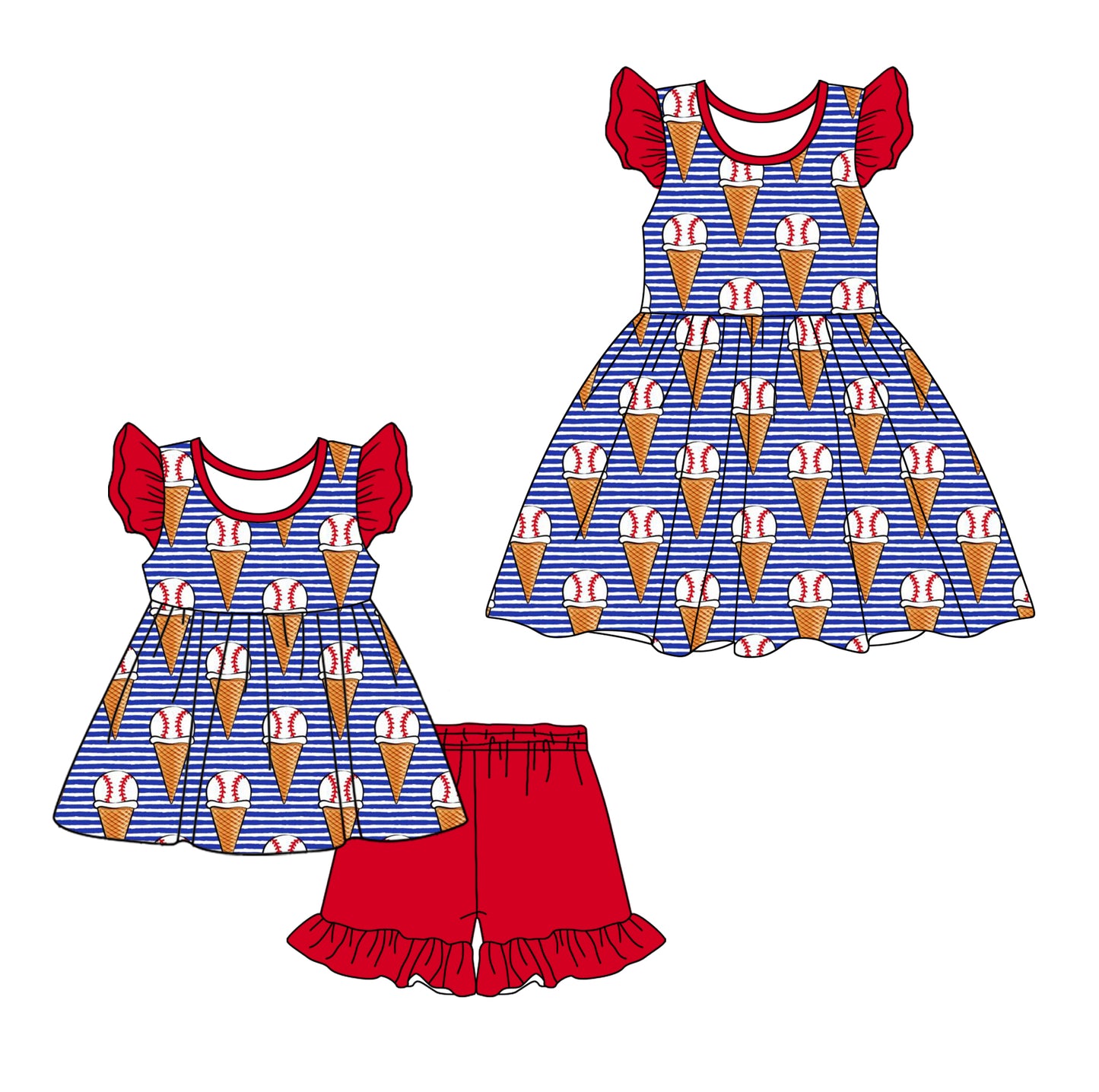 12.26 custom each style moq 5eta 4-6week Sibling Sister ice cream baseball baby girl short sleeve shorts sets and dresses match design