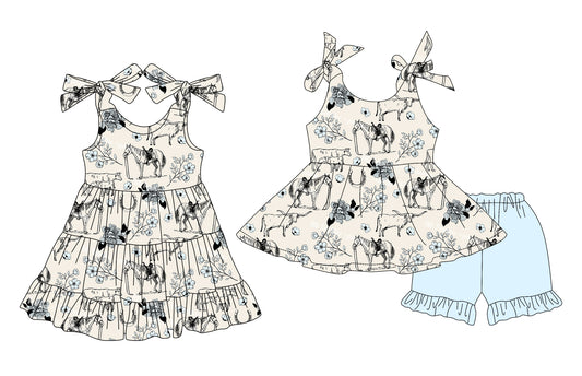 3.29 custom each style moq 5eta 4-6week Sibling Sister horse floral baby girl short sleeve shorts sets and dresses match design