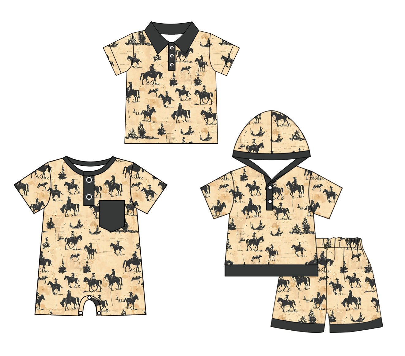 11.26 custom each style moq 5eta 4-6week Sibling Sister riding horse baby boy short sleeve shorts sets and boy romper and top match design