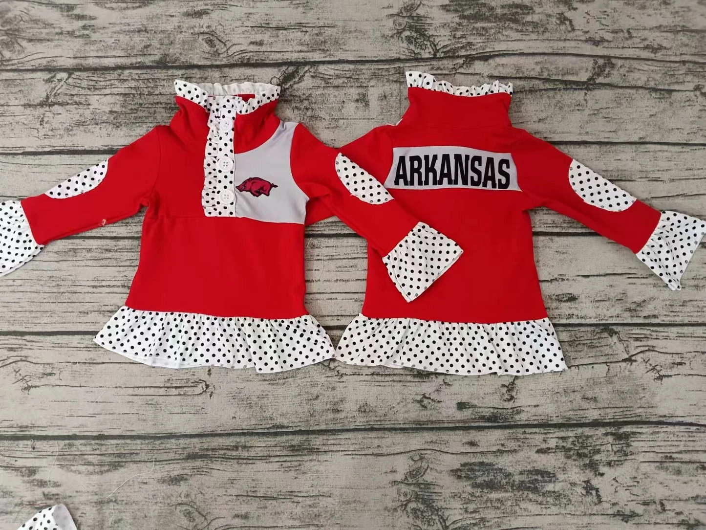Deadline September 8  custom no moq eta 6-8weeks Black and white polka dot lace flared cuffs red button pullover