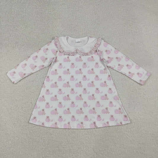 RTS NO MOQ（In Stock) GLD1157 Pink and white long-sleeved dress with pumpkin and puppy lace and a baby doll collar