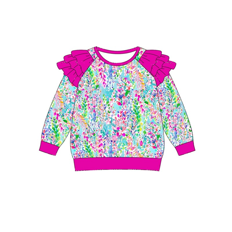 Deadline November 27 custom no moq eta 6-8weeks Baby Girls Rose Pink Lace Shoulder Blue and Pink Leaf Long Sleeve Top