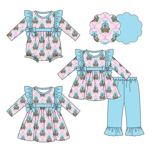 Custom moq 5 each style eta 6-7weeks baby girl clothes Christmas trees bow long sleeve pants sets and romper and dress -25.8.8
