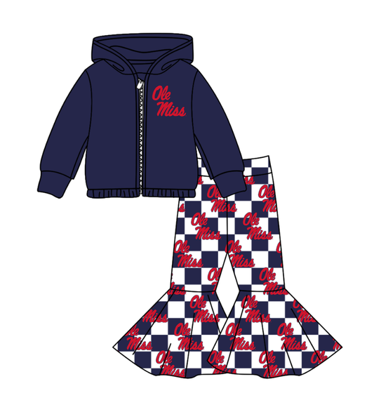 Custom moq 5 mix size milk silk summer teams baby girl clothes navy blue hooded long sleeve pants sets-25.11.3