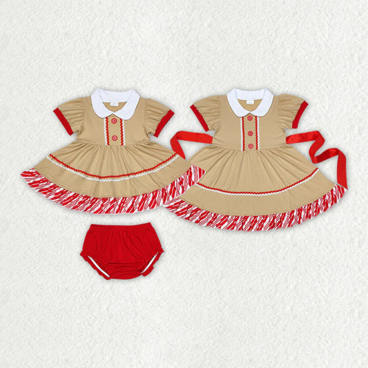 RTS NO MOQ Red Striped Skirt Khaki Baby Collar Button Short Sleeve Dress & Short Sleeve Thong Set