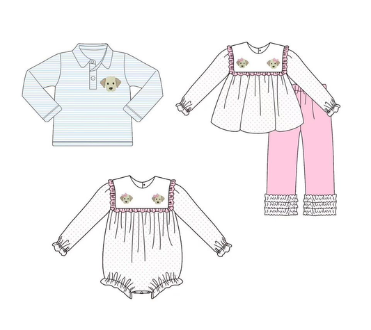 Custom moq 5 each style eta 6-7weeks baby girl clothes puppy long sleeve pant sets and romper and top-25.8.4