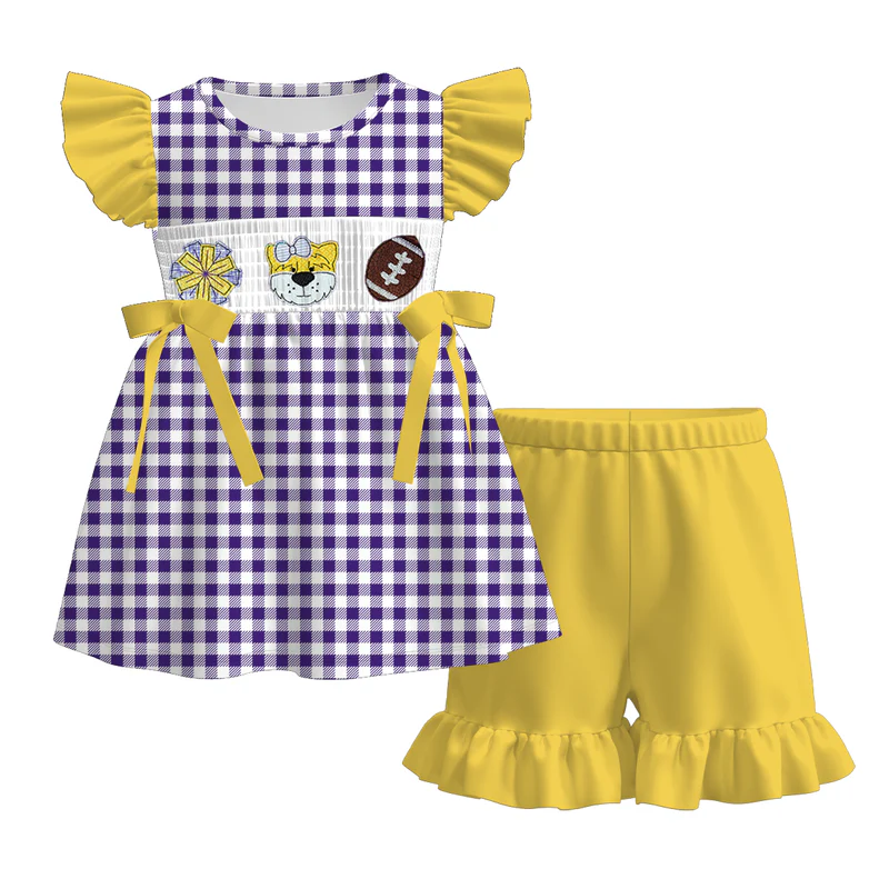 Custom summer teams baby girls clothes team purple short sleeve shorts sets dress romper-25.7.15