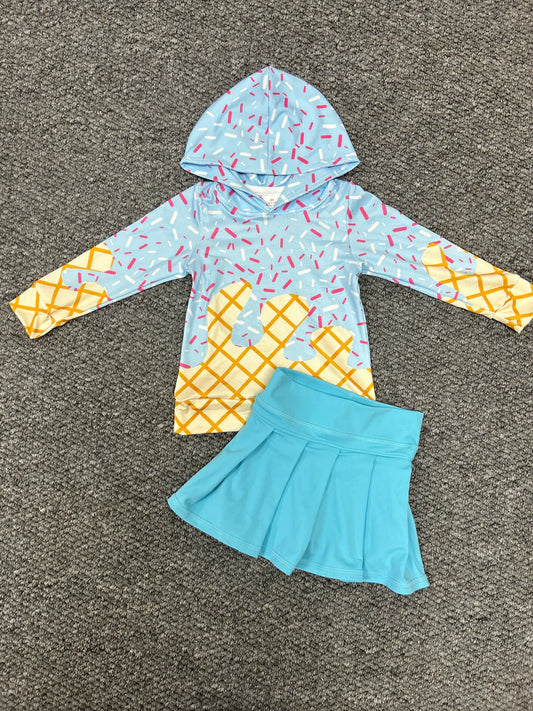 RTS NO MOQ Baby Girls Light Blue Hoodie Top with Yoga Skort Team Sets Comfortable Breathable Cotton Outfit for Toddlers