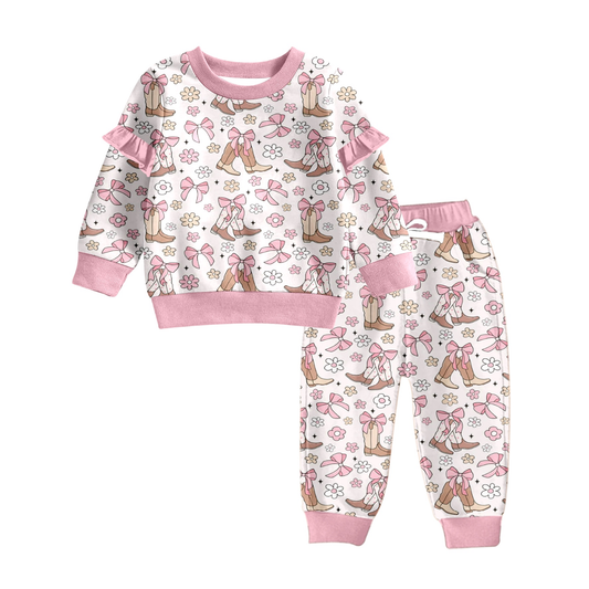 Custom moq 5 each style eta 6-7weeks baby girl clothes bow long sleeve pants sets 8-25.7.29