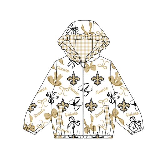 Custom moq 8 mix size milk silk summer team baby girls clothes bow khaki hooded long sleeve top-25.9.19