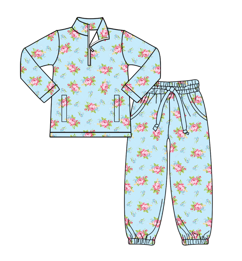 Custom moq 5 mix size milk silk summer baby girl clothes florals long sleeve pants sets-25.8.7