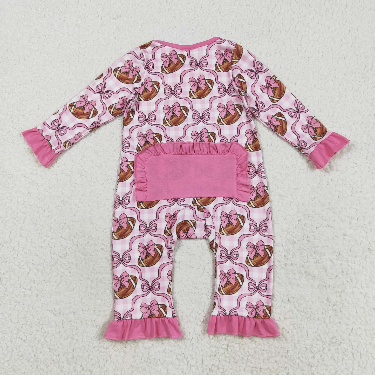 RTS NO MOQ（In Stock) LR2361 Rugby bow pattern pink lace plaid zipper long sleeve jumpsuit