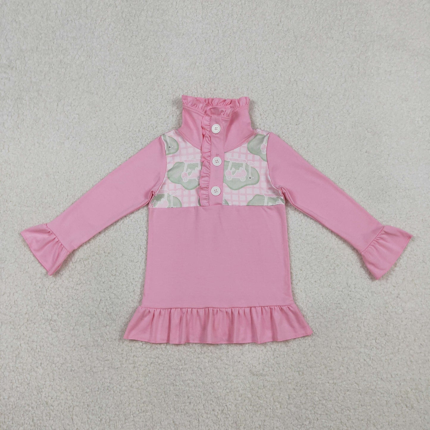 RTS NO MOQ（In Stock) GT1402 Golf Sightseeing Vehicle Pink Plaid Button-Down Long-Sleeve Top
