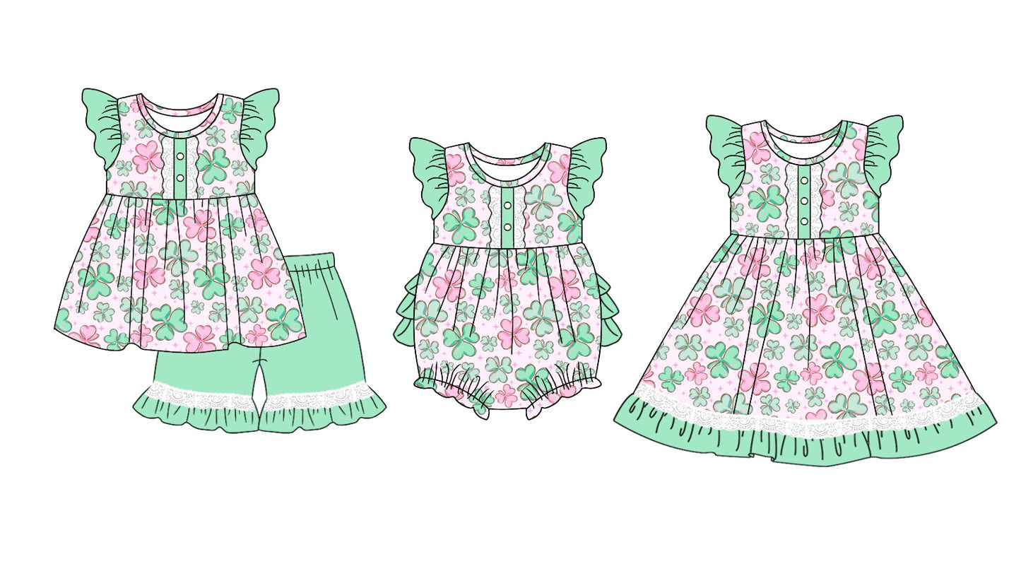 11.3 custom each style moq 5eta 4-6week Sibling Sister floral baby girl short sleeve shorts sets and dress and rompers match family design