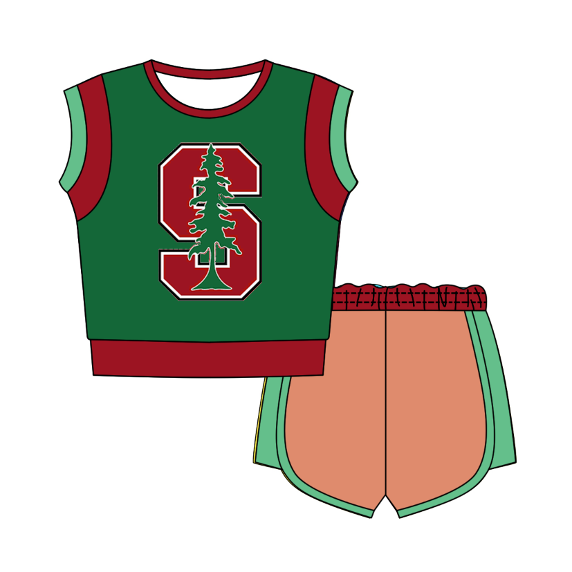 Custom moq 5 mix size milk silk summer teams Green Sleeveless O-Neck Top And Shorts Set Cute And Comfortable Kids' Outfit