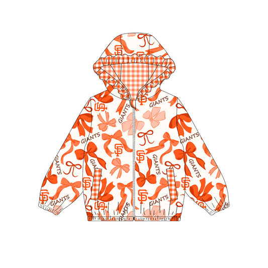 Custom moq 8 mix size milk silk summer team baby girls clothes bow orange hooded long sleeve top-25.9.19