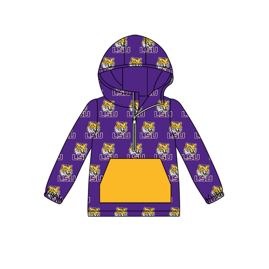 custom moq 5 tat about 6-8week Purple Yellow Hood Zipper Yellow Long Sleeve Pullover