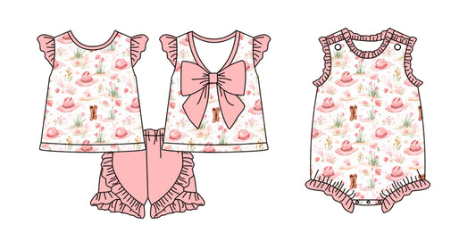 2.10 custom each style moq 5eta 4-6week Sibling Sister cowgirl baby girls short sleeve shorts sets and romper match design