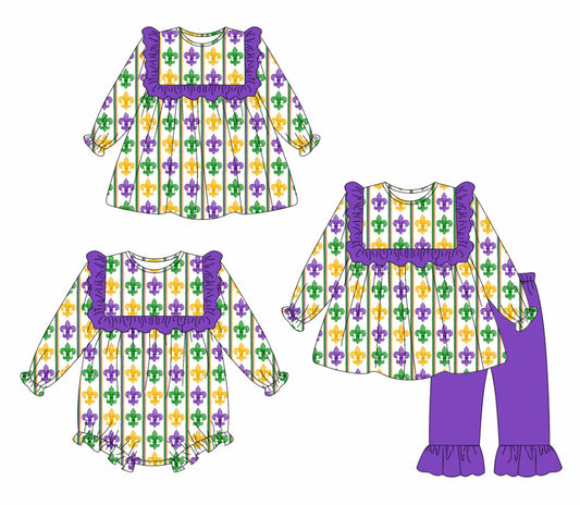 25.9.4 custom each style moq 5eta 4-6week Sibling Sisters mardi gras baby girl long sleeve pants sets and dress and rompers match family design