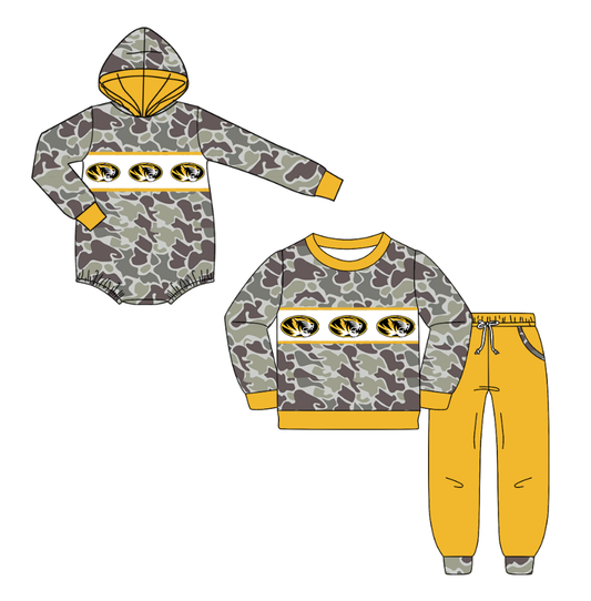 Custom moq 5 mix size milk silk summer teams baby boys clothes camouflage yellow hooded long sleeve pants sets and romper-25.10.20