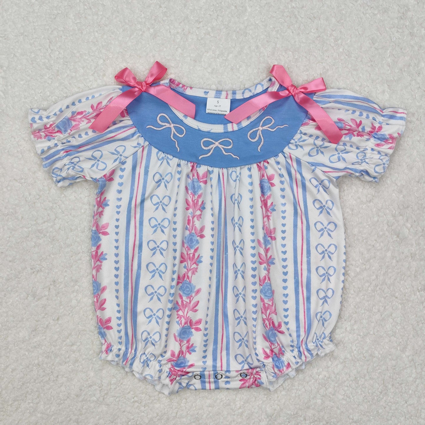 RTS NO MOQ ETA 5/7days arrived SR2131 Embroidered pink bow flower stripe short-sleeved jumpsuit