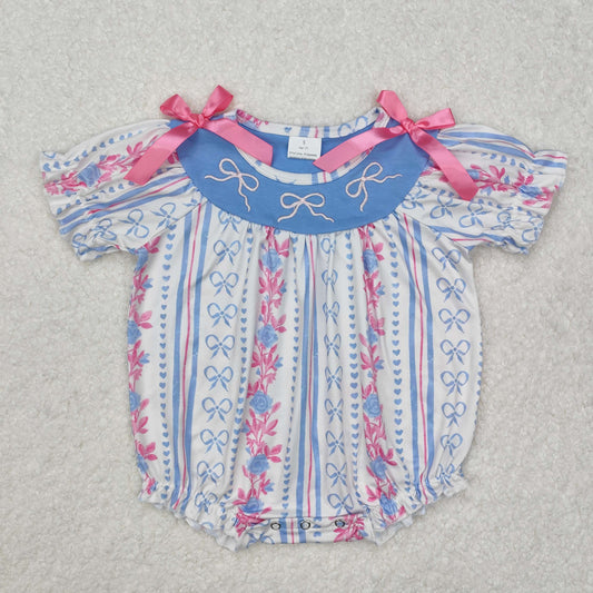 RTS NO MOQ ETA 5/7days arrived SR2131 Embroidered pink bow flower stripe short-sleeved jumpsuit