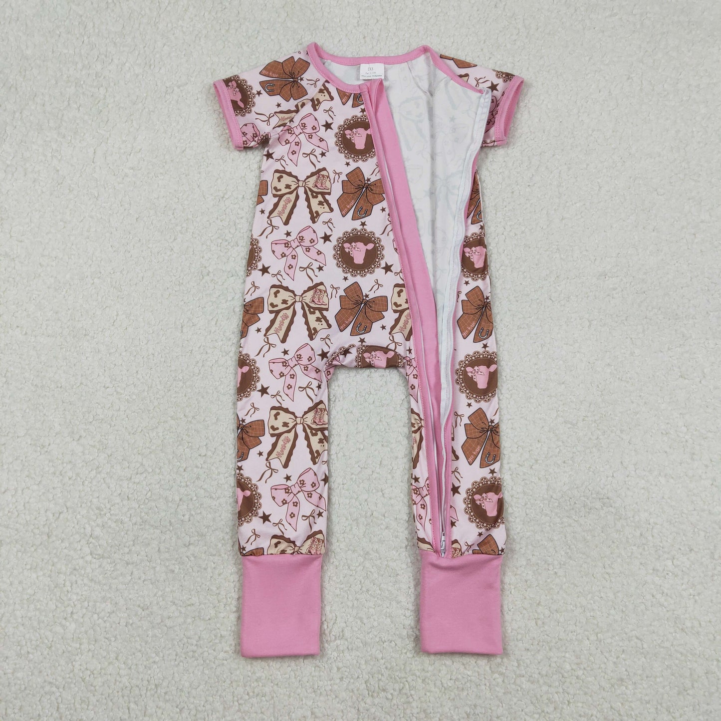 RTS NO MOQ（In Stock ) SR3763 Bull Head Star Bow Pattern Pink Zipper Short-Sleeve Jumpsuit