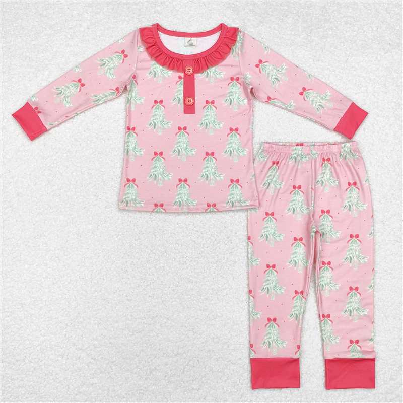 Baby Girls Christmas Trees Collection - Pink Bamboo Pajamas & Sibling Plaid Ruffle Dress