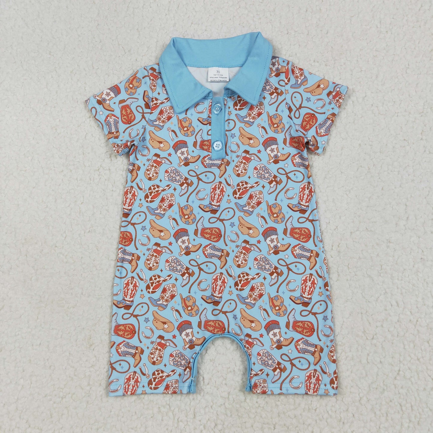 RTS NO MOQ（In Stock) Boots, cowboy hat, blue button short-sleeved jumpsuit