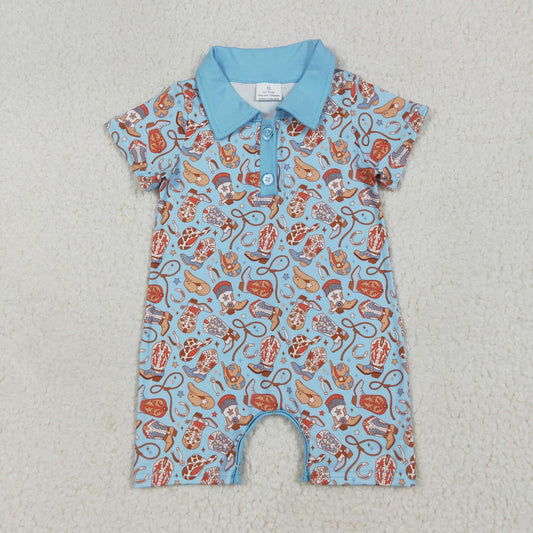RTS NO MOQ SR3128 Boots, cowboy hat, blue button short-sleeved jumpsuit
