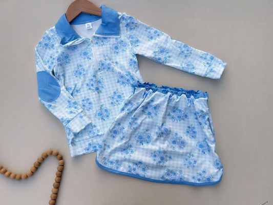 RTS NO MOQ（In Stock ) GLD1097 Flower blue plaid zipper long-sleeved skirt yoga set