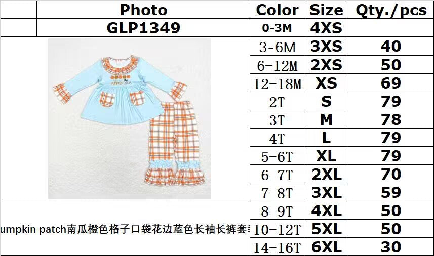 rts no moq GLP1349 Pumpkin patch pumpkin orange plaid pocket blue long-sleeved trousers set