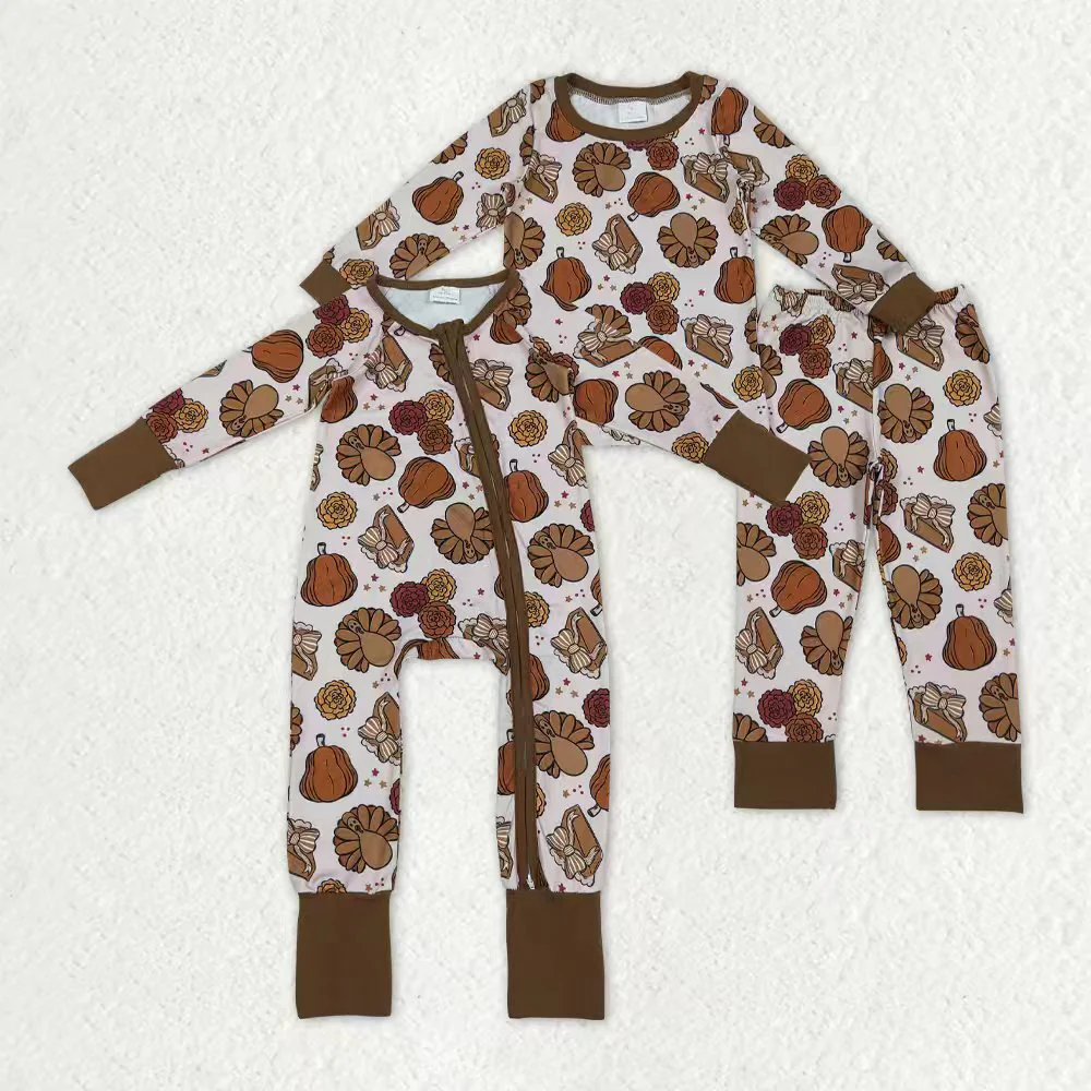 12/18m-7/8t RTS NO MOQ Sibling baby girl clothes Halloween pumpkin turkey long sleeve pants Sets and romper