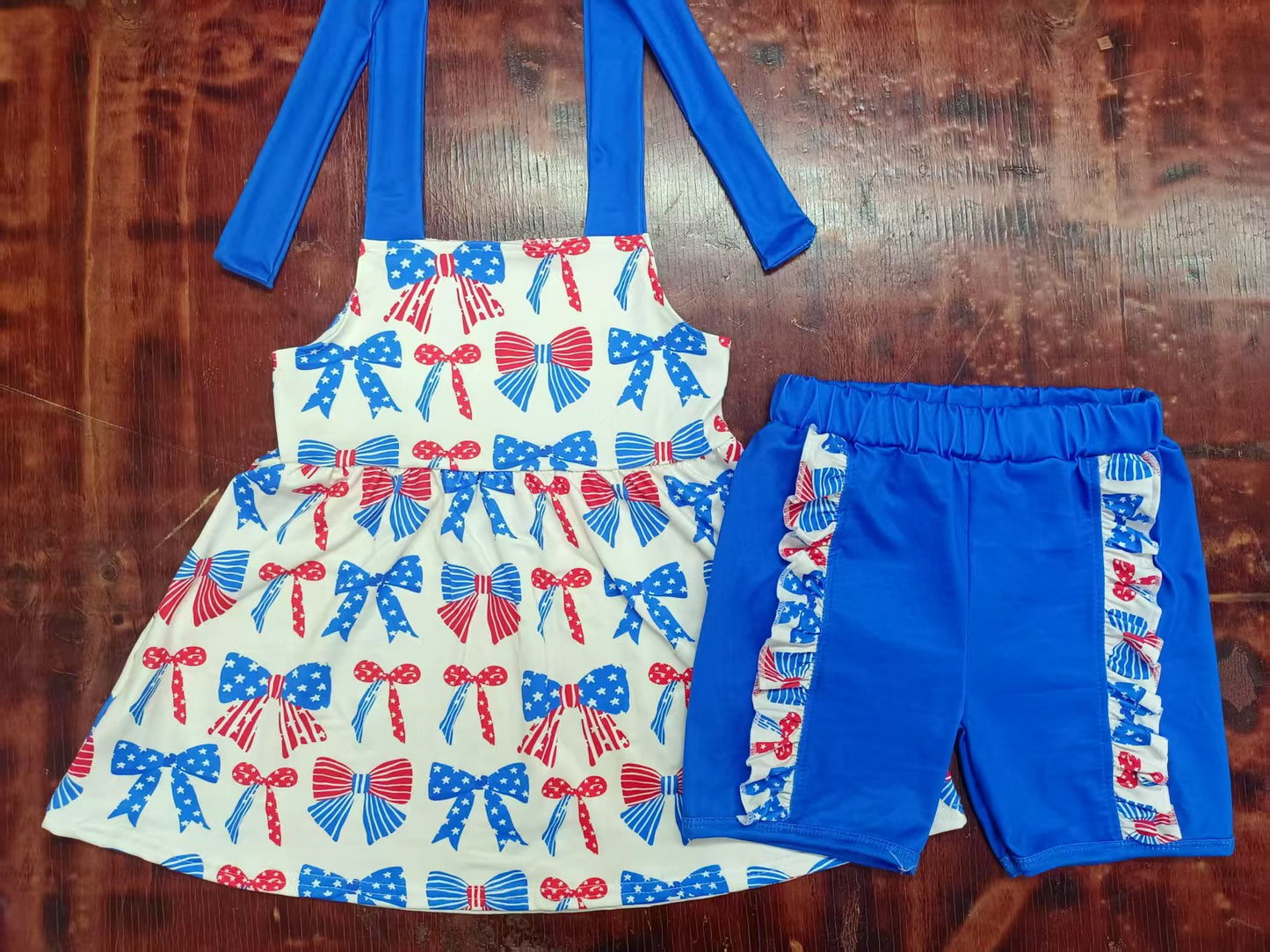 Custom moq 3 eta 6-7weeks baby girls clothes bow blue suspender shorts sets-25.4.30