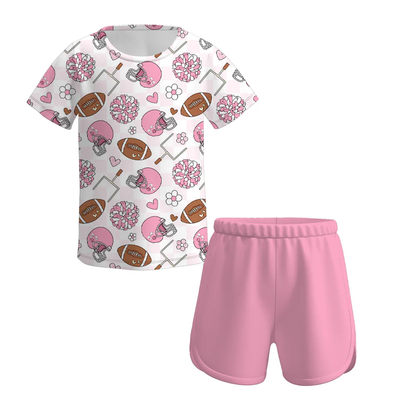 Custom moq 5 each style eta 6-7weeks baby boy and girl clothes team bow short sleeve shorts suits