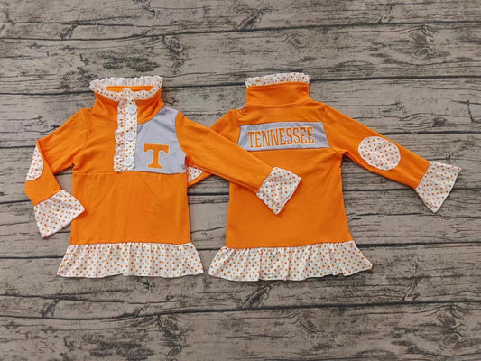 Custom moq 3 eta 6-7weeks Orange letter T polka dot cuffs buttoned pullover top