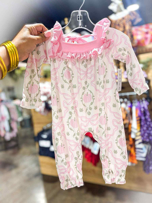 RTS NO MOQ（In Stock ) Pumpkin leaf pink bow pattern lace lace long-sleeved jumpsuit