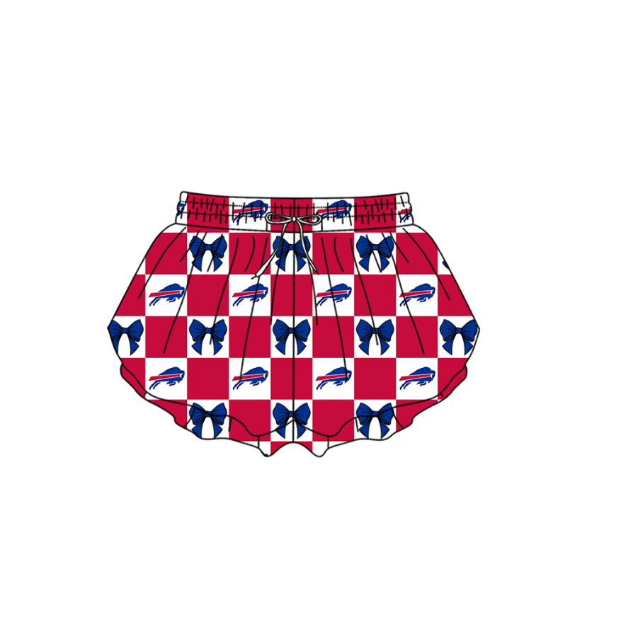 Custom moq 3 or 5 mix size milk silk summer teams baby girl clothes bow blue and red summer shorts-26.1.20