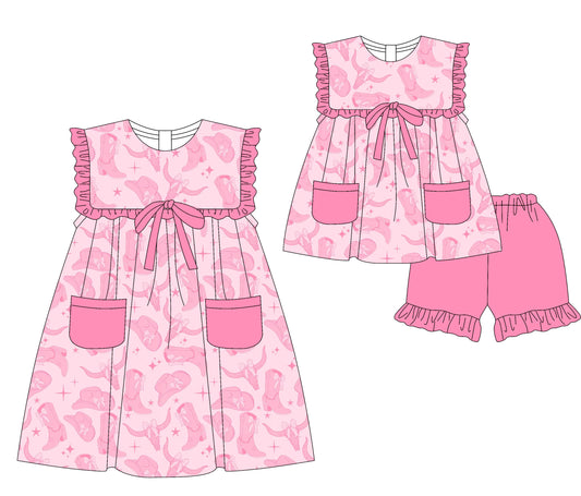 3.17 custom each style moq 5eta 4-6week Sibling Sister hat cow head boots baby girl short sleeve shorts sets and dresses match design