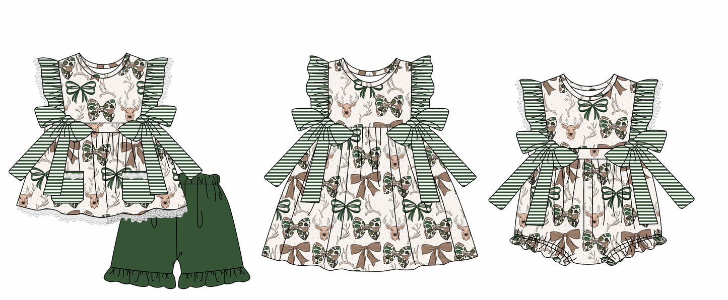 12.2 custom each style moq 5eta 4-6week Sibling Sister bow camouflage baby girl short sleeve shorts sets and dress and rompers match family design
