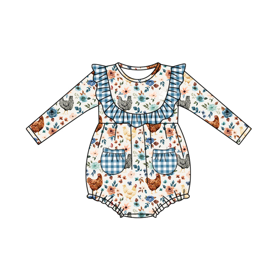 5.11custom each style moq 5eta 4-5week Sibling Sister country style chicken prints white dots blue girls set and baby romper and dress match family design