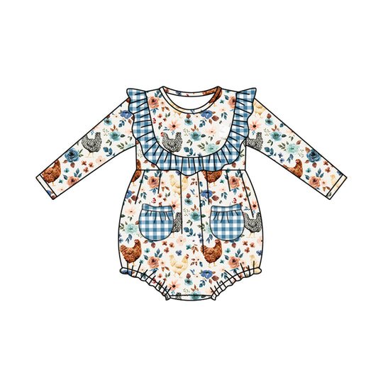 5.11custom each style moq 5eta 4-5week Sibling Sister country style chicken prints white dots blue girls set and baby romper and dress match family design