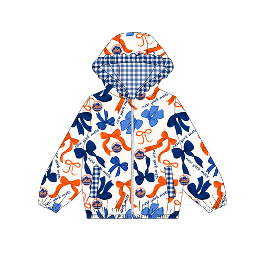 Custom moq 8 mix size milk silk summer team baby girls clothes bow orange blue hooded long sleeve top-25.9.19