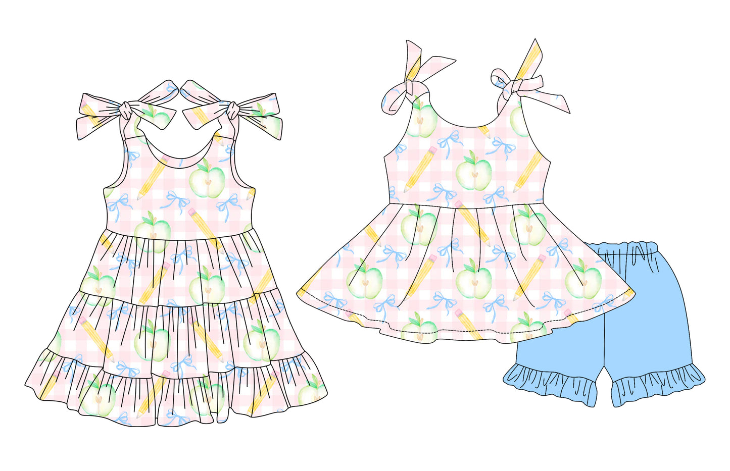 3.29 custom each style moq 5eta 4-6week Sibling Sister back to school baby girl short sleeve shorts sets and dresses match design