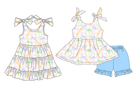 3.29 custom each style moq 5eta 4-6week Sibling Sister back to school baby girl short sleeve shorts sets and dresses match design
